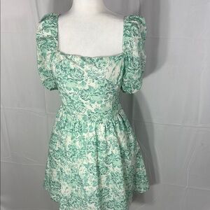 Shabby Chic Floral Green Puff Sleeve Dress Size Medium